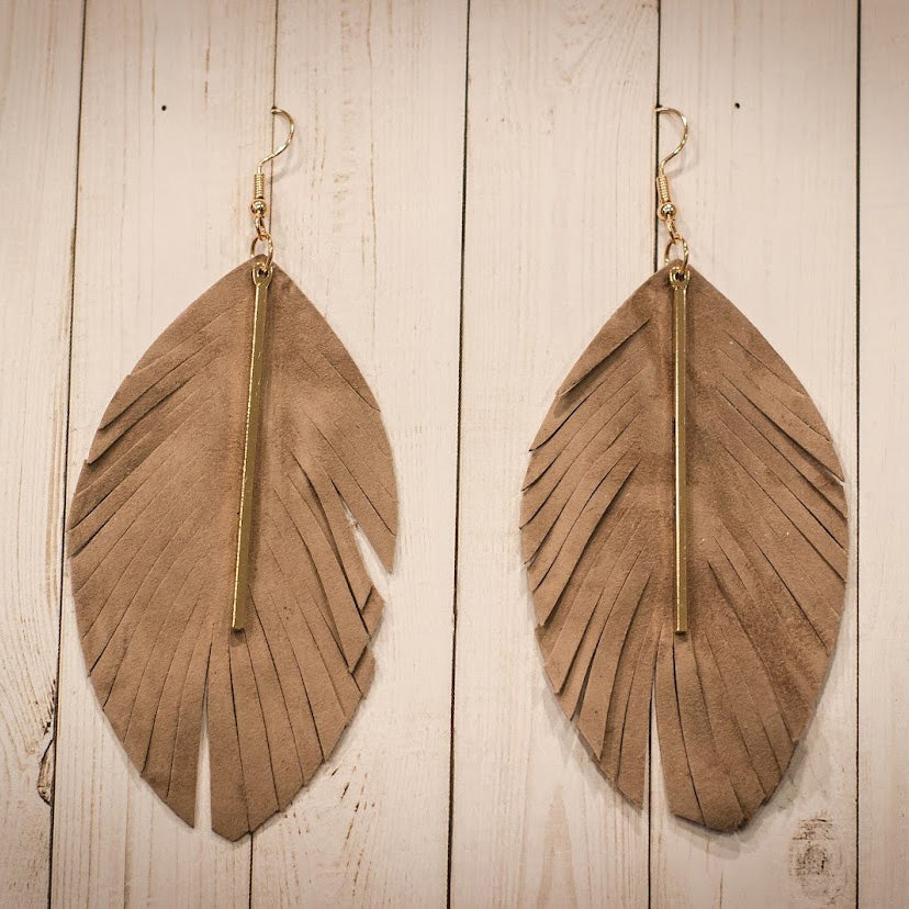 Bar Leather Feather - Taupe & Gold