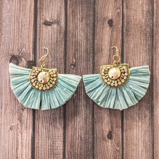 Beaded Raffia Earrings - Teal
