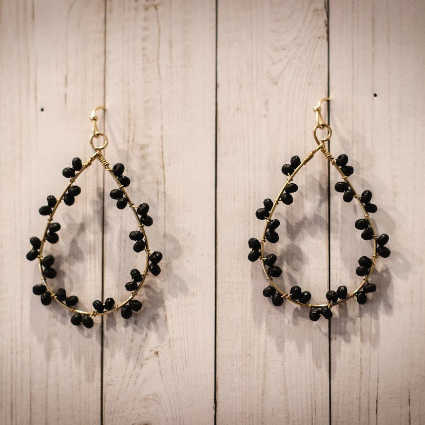 Wood Beaded Teardrop Earrings - Black & Gold