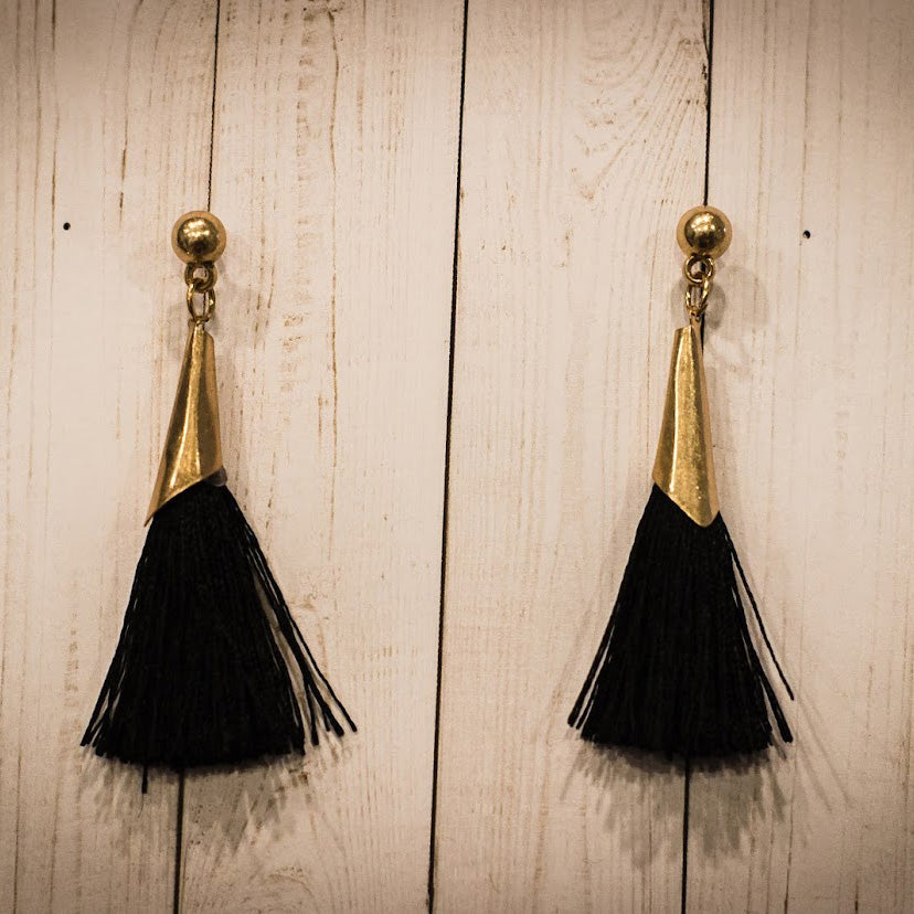 Capped Tassel Earrings - Black & Gold
