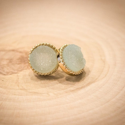 Druzy Disc Earrings - Light Mint & Gold