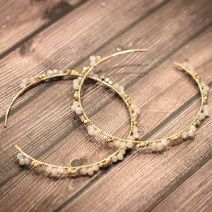 Bead Wrapped Hoop Earrings - Ivory