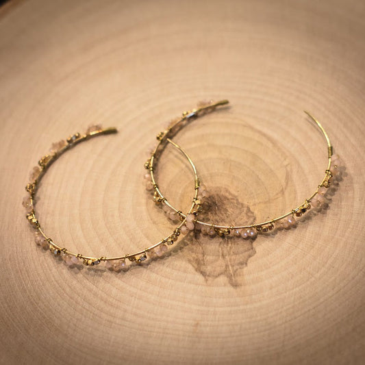 Bead Wrapped Hoop Earrings - Pink