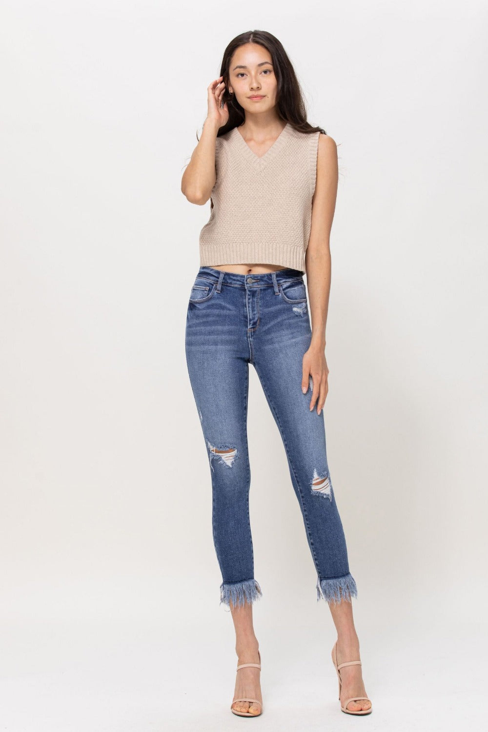 Mid-Rise Destory Fringe Crop Skinny