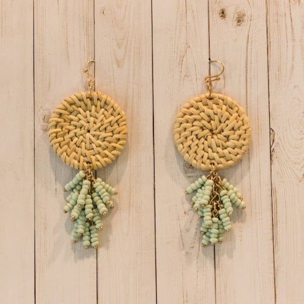 Rattan Disc & Bead Tassel Earrings