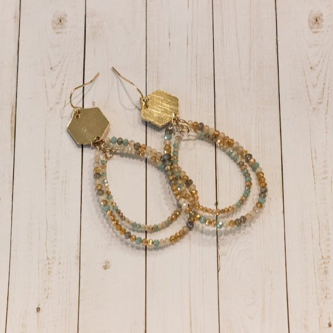 Hexagon & 2 Bead Teardrop Earrings