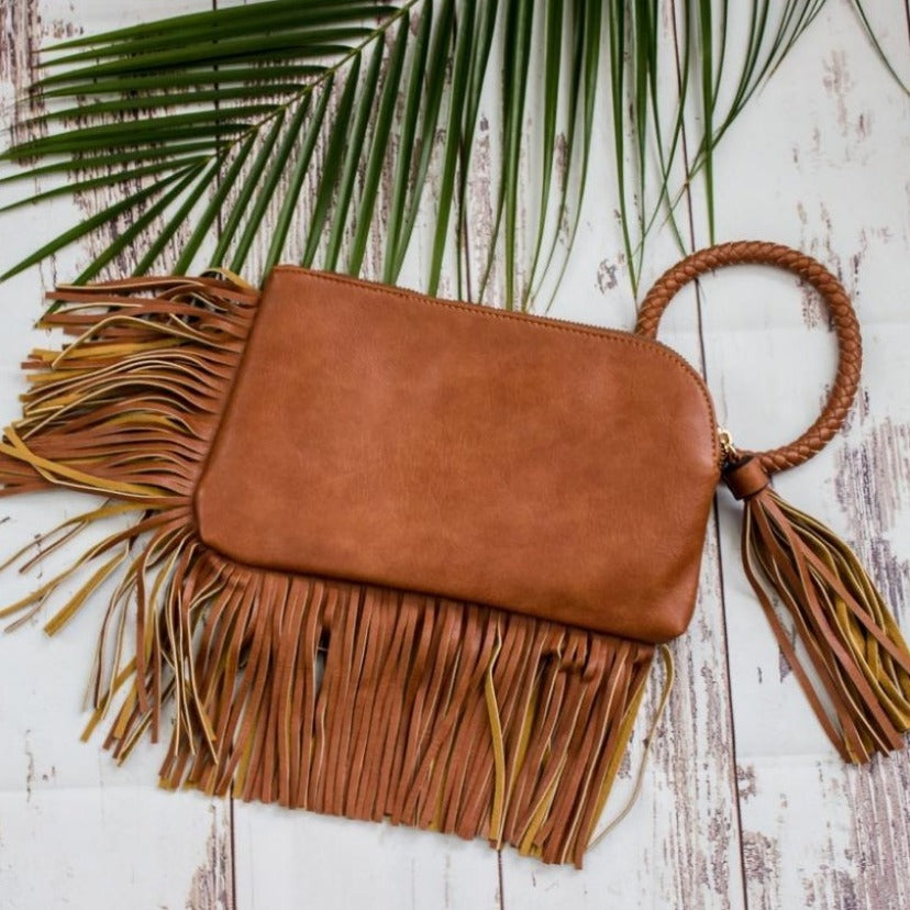 Fringe Trim Ring Handle Clutch - Brown
