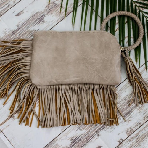 Fringe Trim Ring Handle Clutch - Stone