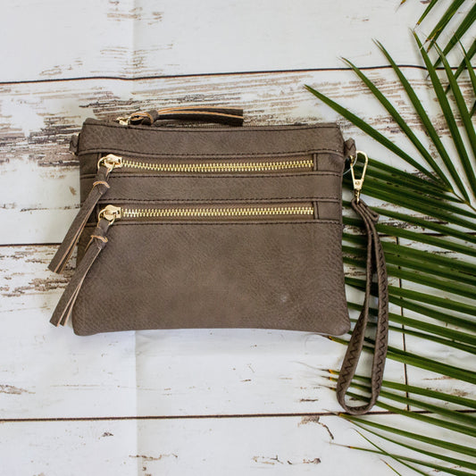 Soft Faux Leather 3 Pocket Crossbody Purse - Gray