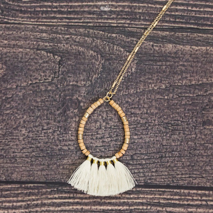 Tase & Wood Bead Teardrop Necklace - Natural