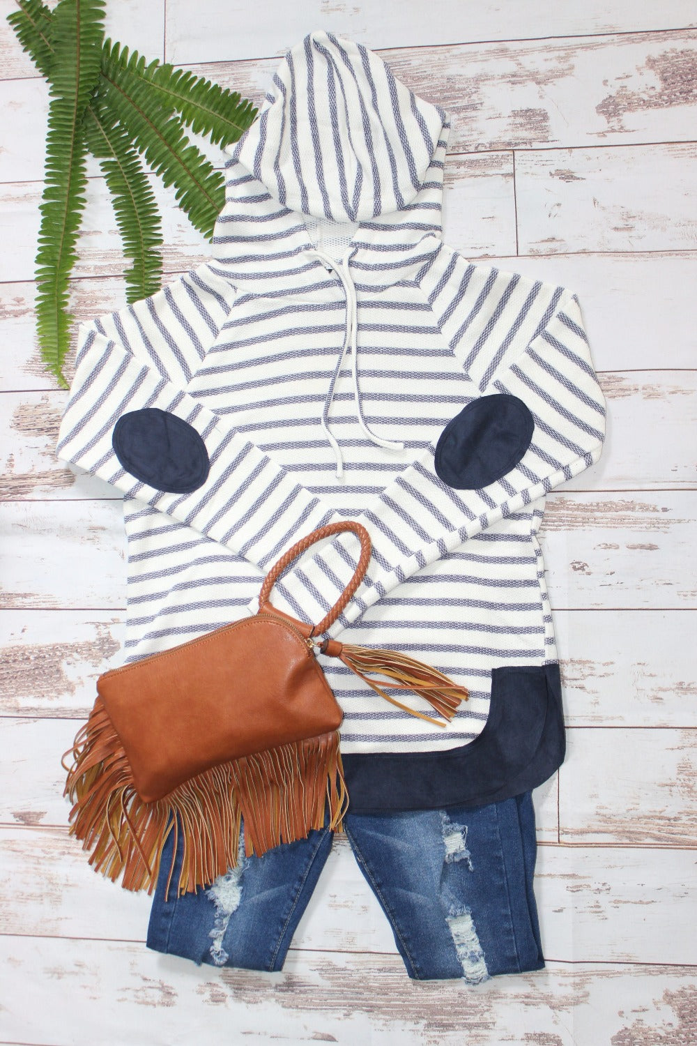 Striped Hoodie Top with Solid Patch