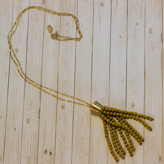 Wood Beads Tassel Necklace - Olive & Gold
