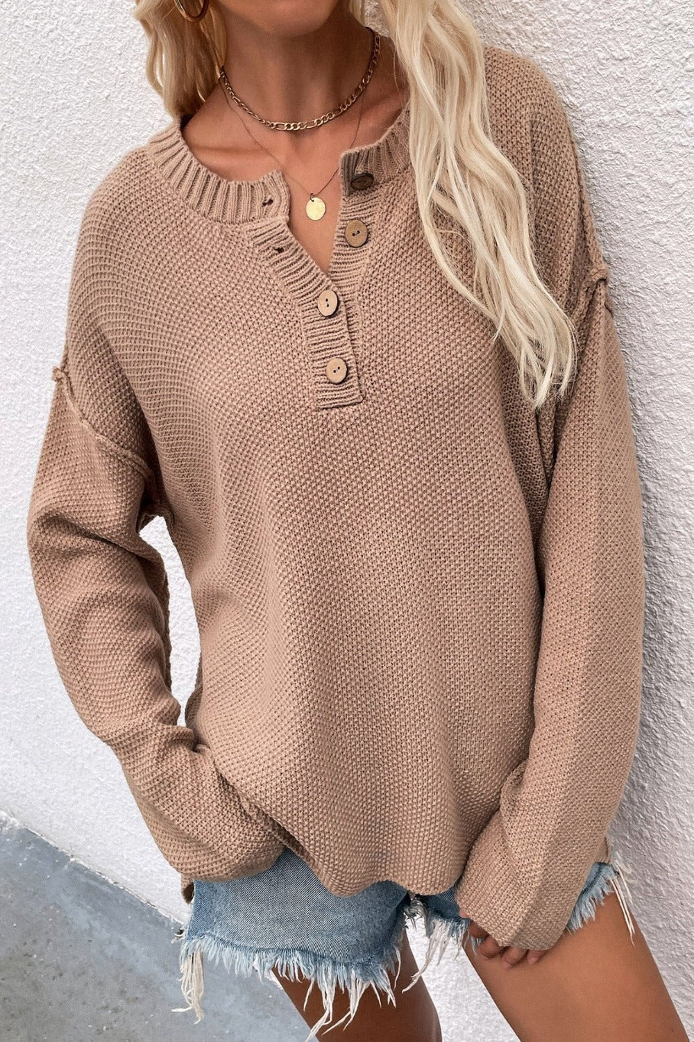 Tan Button High-Low Sweater