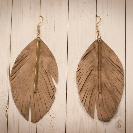 Bar Leather Feather - Taupe & Gold