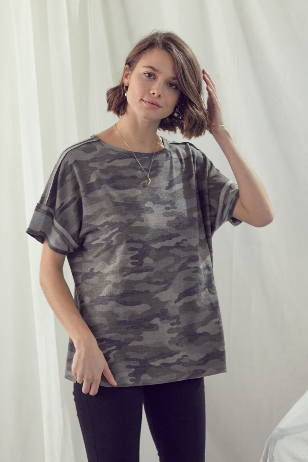 Drop Shoulder Camo Top