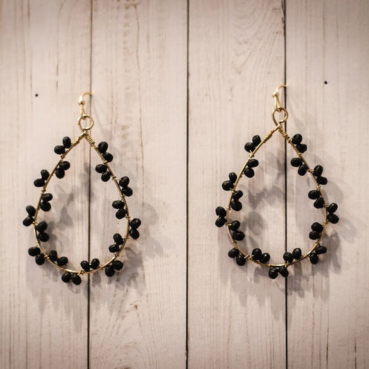 Wood Beaded Teardrop Earrings - Black & Gold