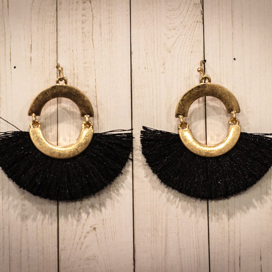 Lined Circle Tassel Earrings - Black & Worn Gold