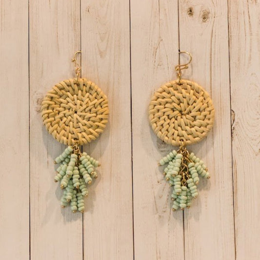 Rattan Disc & Bead Tassel Earrings