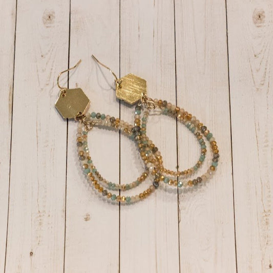 Hexagon & 2 Bead Teardrop Earrings