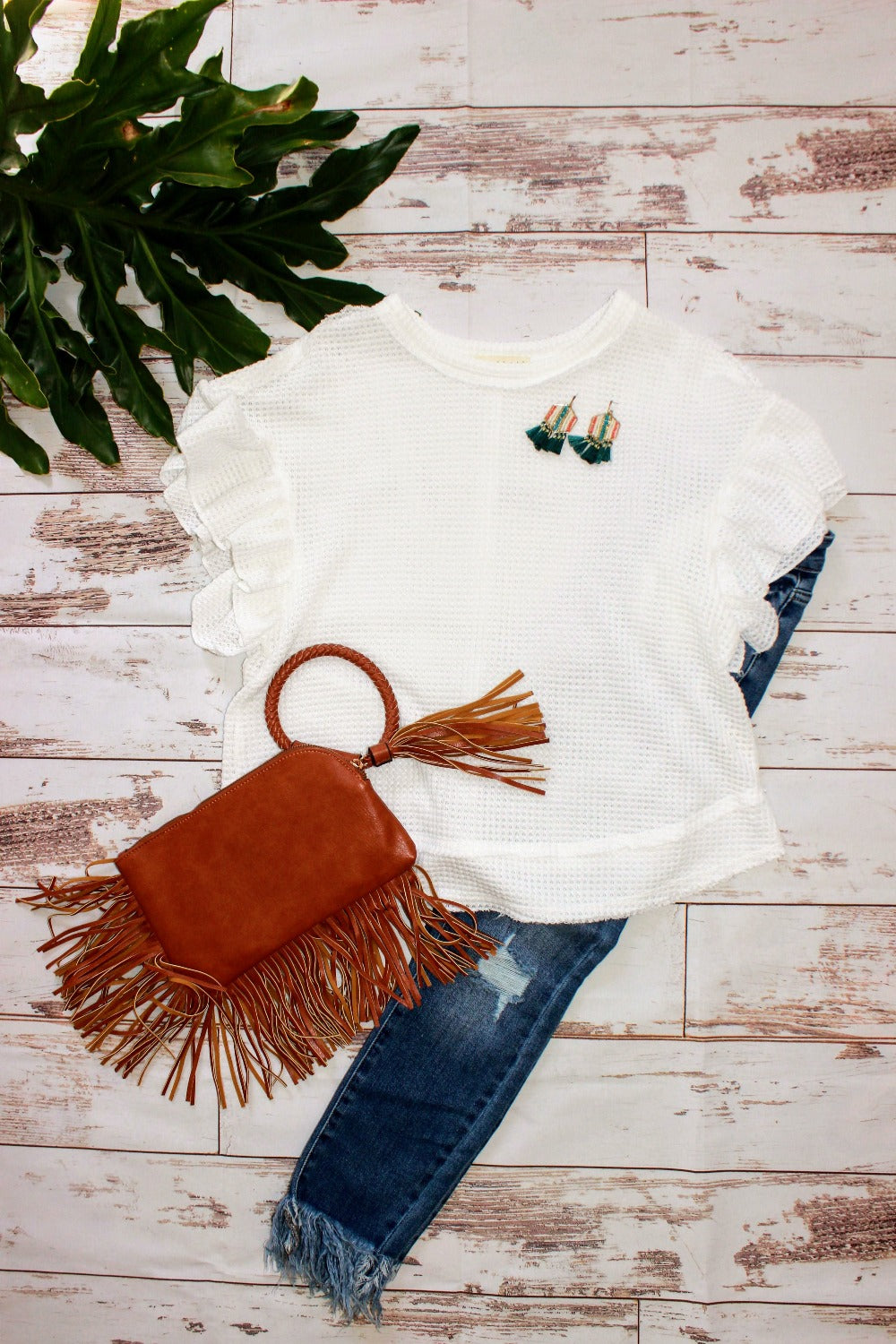 White Ruffle Sleeve Waffle