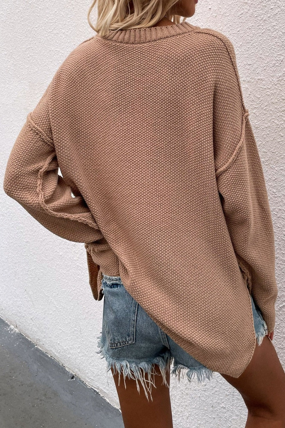 Tan Button High-Low Sweater