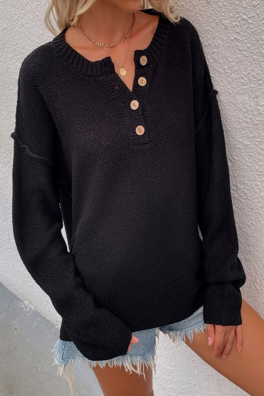 Black Button High-Low Sweater