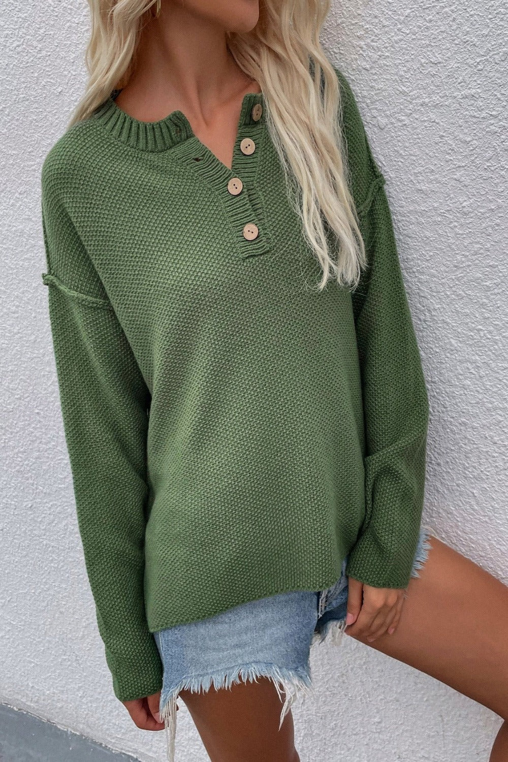Green Button High-Low Sweater